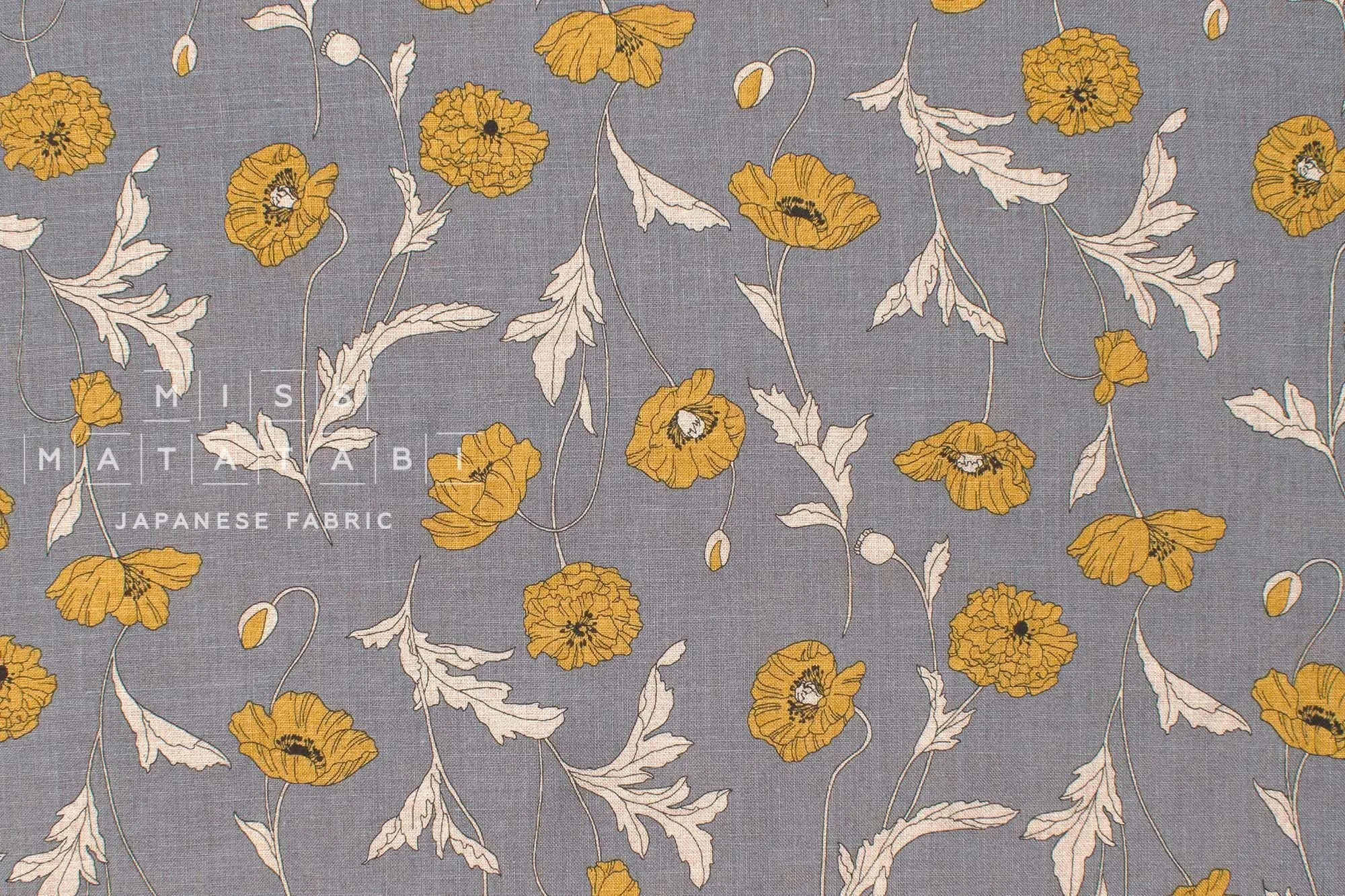 100% linen Hokkoh Poppies III - yellow, grey