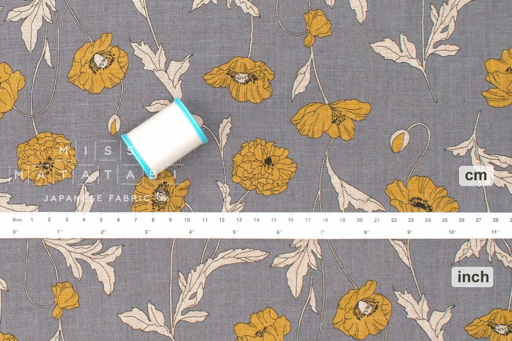 100% linen Hokkoh Poppies III - yellow, grey