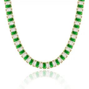 14K Gold Diamond Tennis Necklace CZ Baguette Tennis Chain- Green White CZ