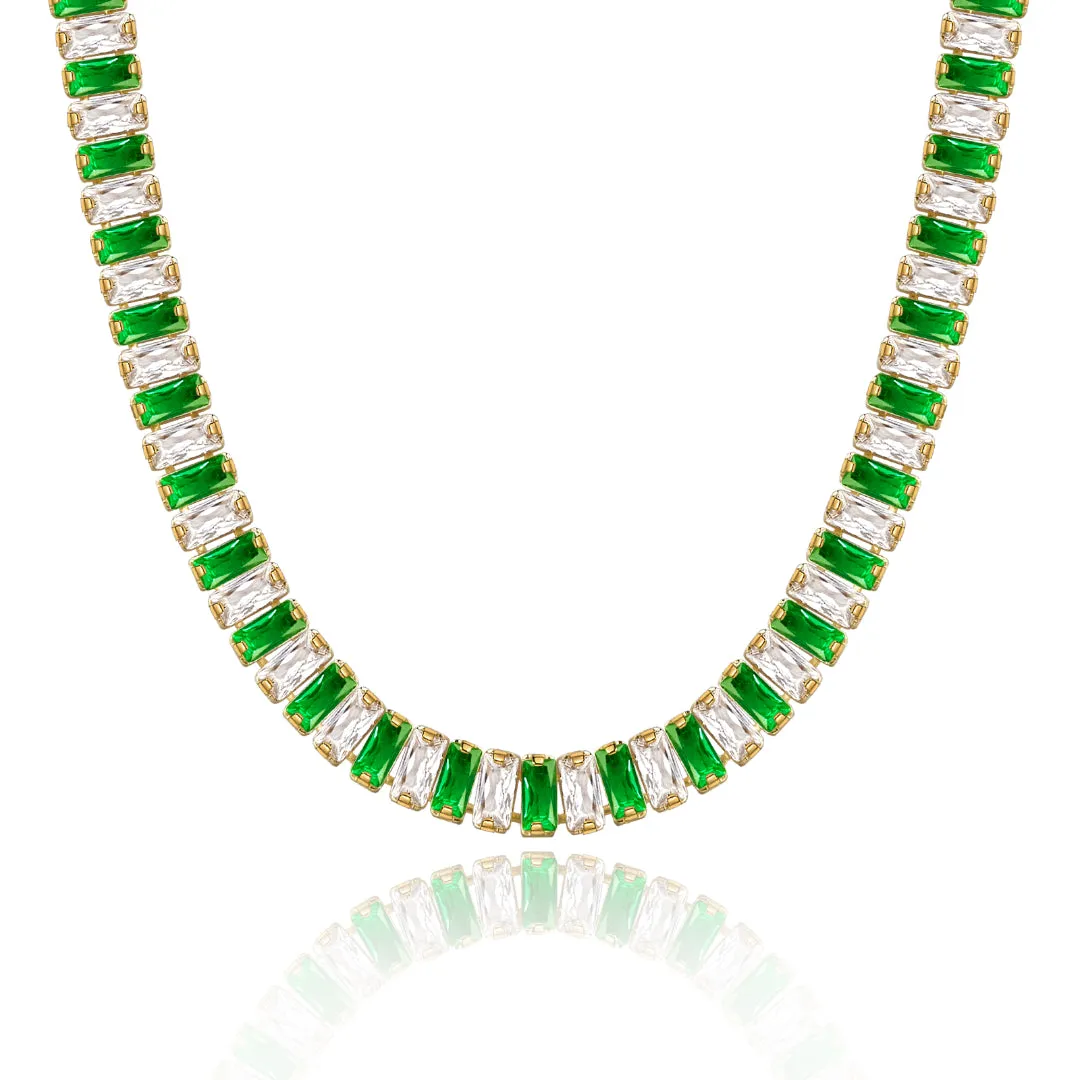 14K Gold Diamond Tennis Necklace CZ Baguette Tennis Chain- Green White CZ