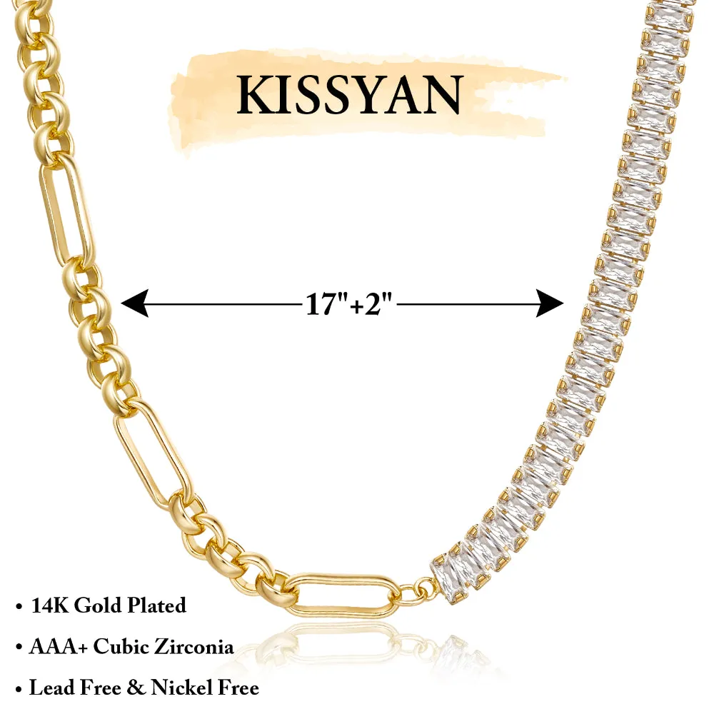 14K Gold Plated Diamond Tennis Necklace CZ Tennis Chain-Paperclip & Baguette White CZ