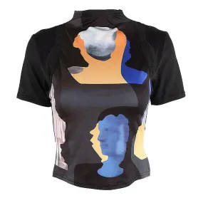 BerryBetty - Abstract contrast hollow out short sleeve high neck crop top