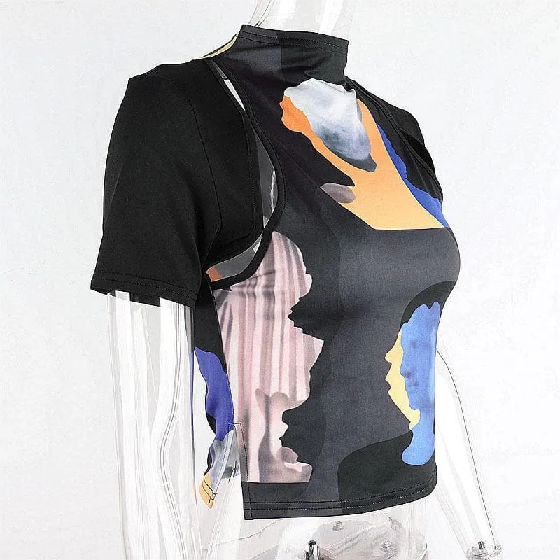 BerryBetty - Abstract contrast hollow out short sleeve high neck crop top