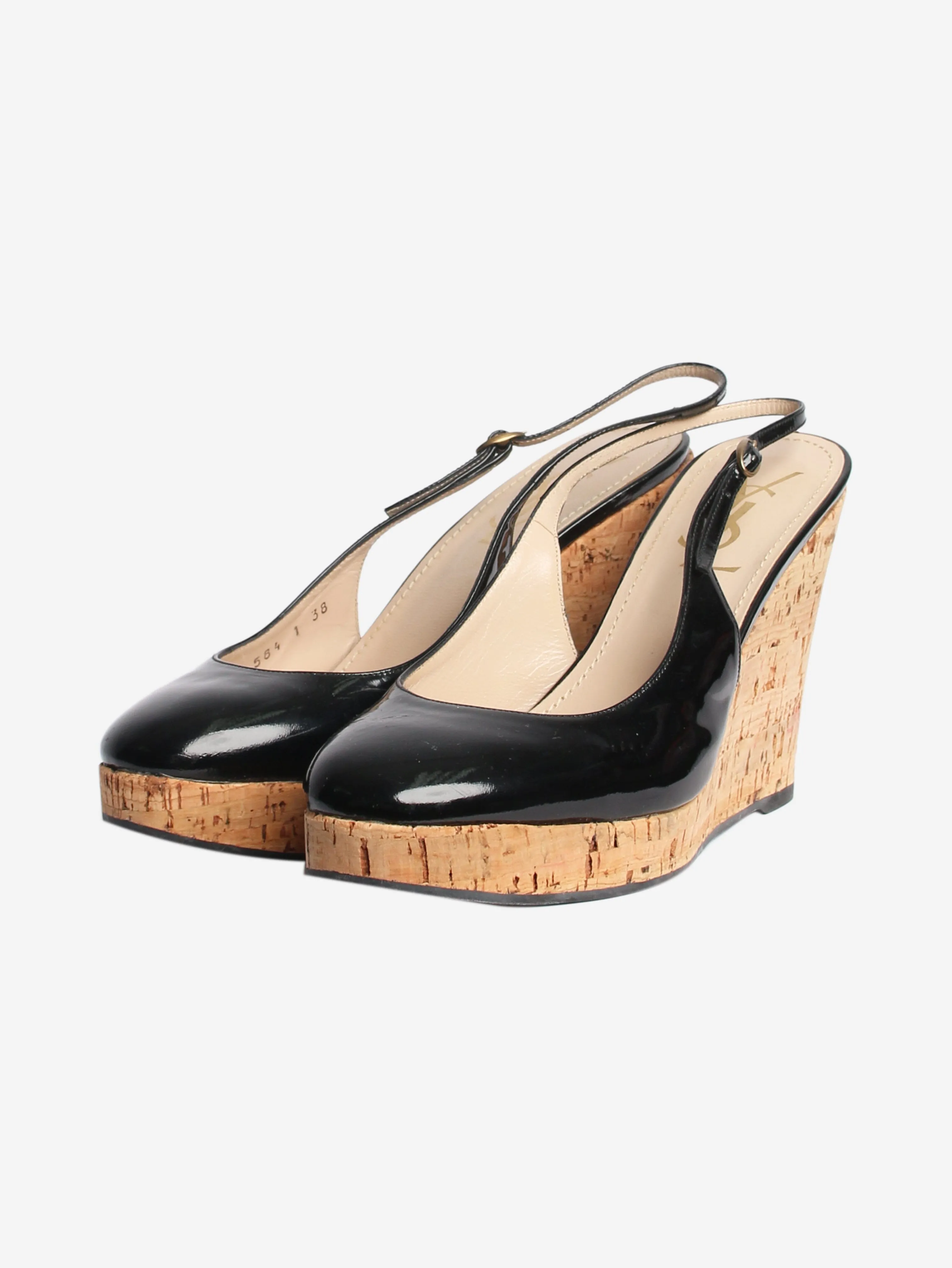 Black patent cork-wedged slingback pumps - size EU 38