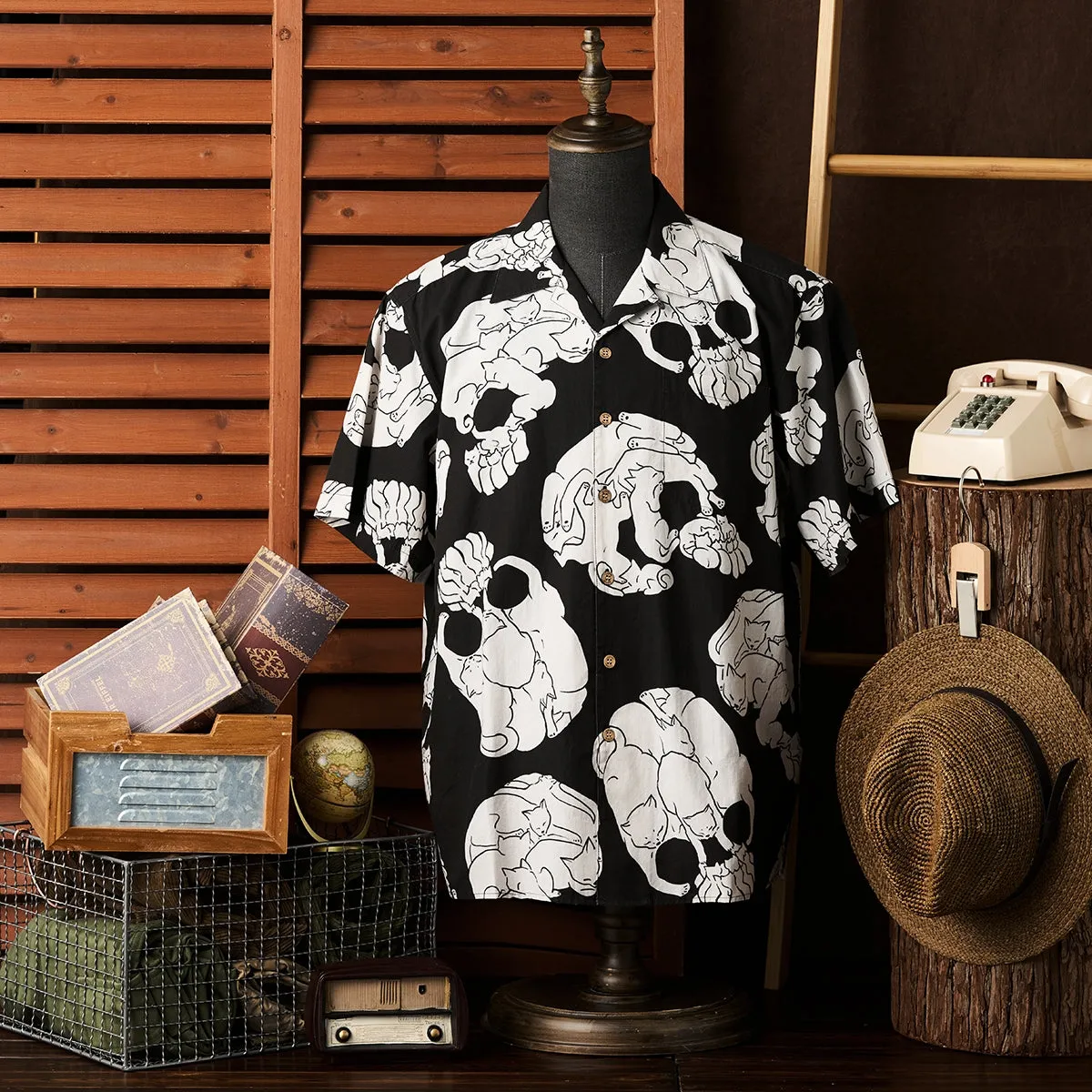 Cat & Skull Cotton Camp Shirt