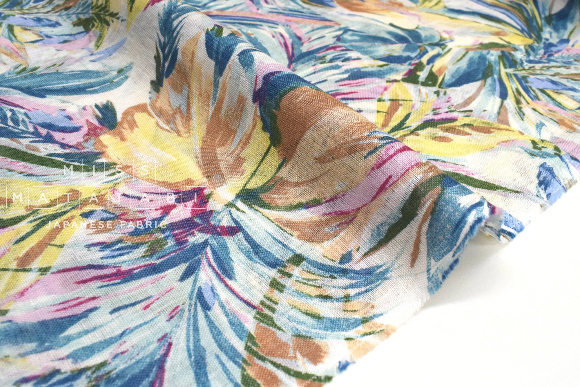 DEADSTOCK Palms linen voile - blue, pink, yellow