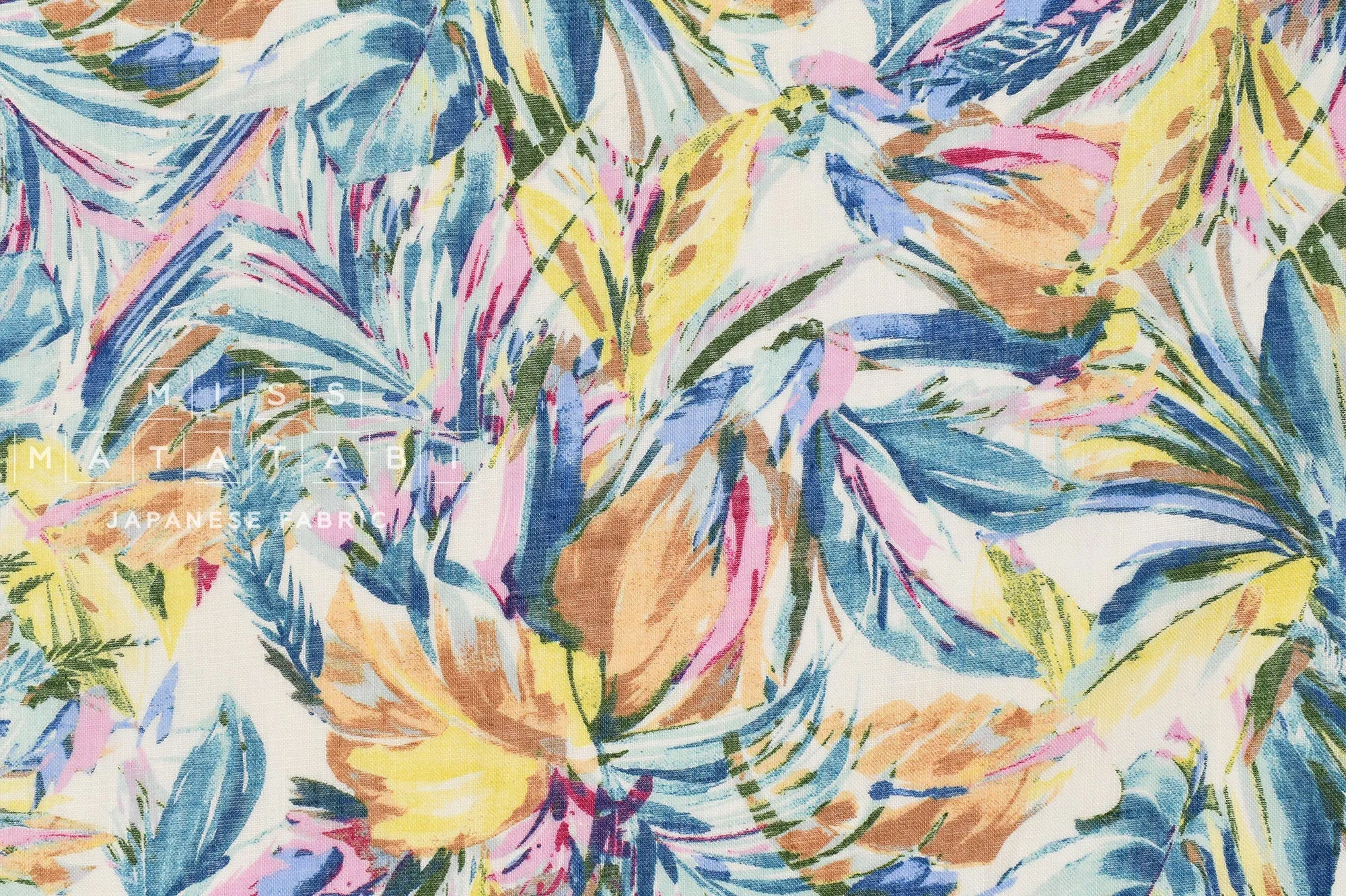 DEADSTOCK Palms linen voile - blue, pink, yellow