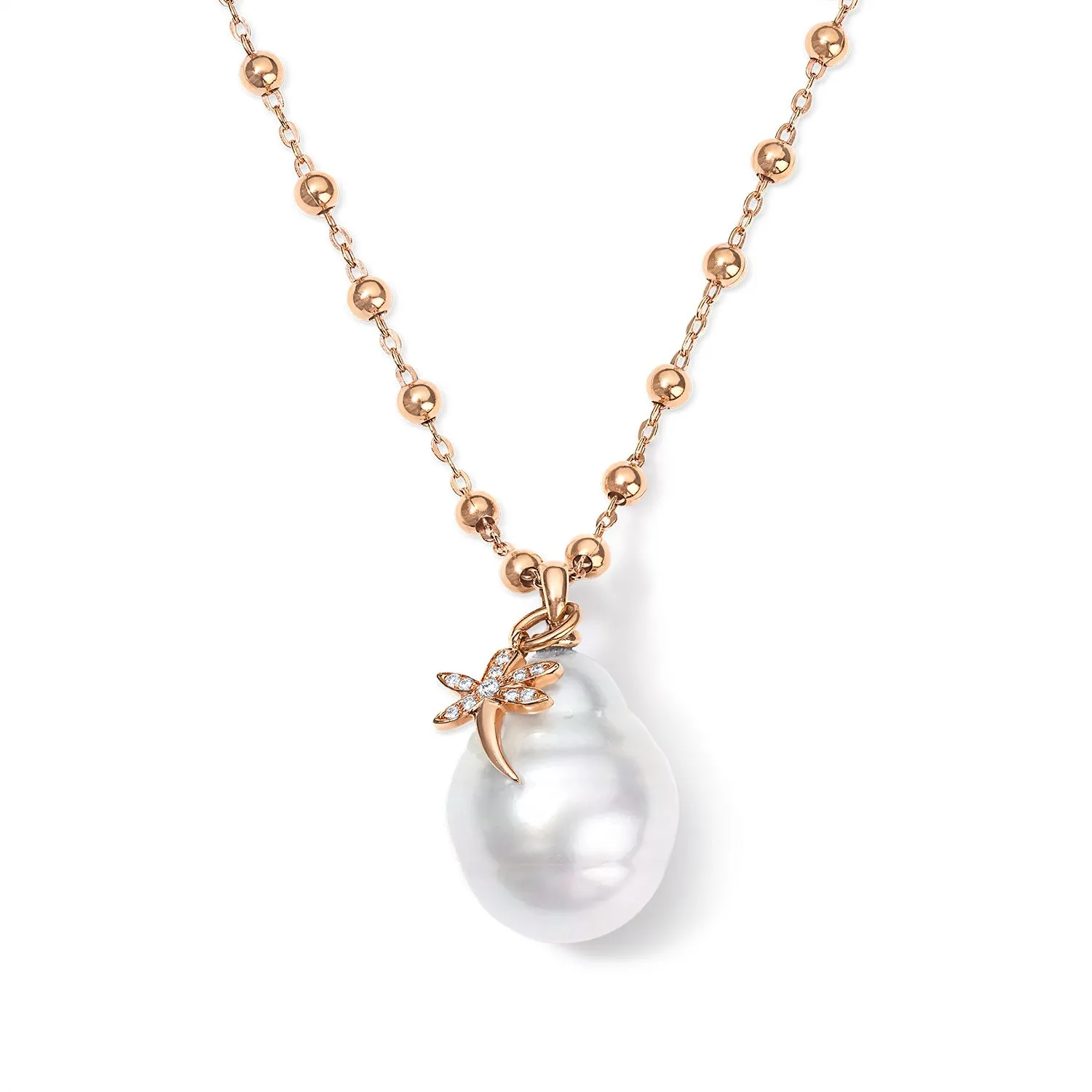 Diamond Palm Tree and Pearl Necklace in Yellow Gold