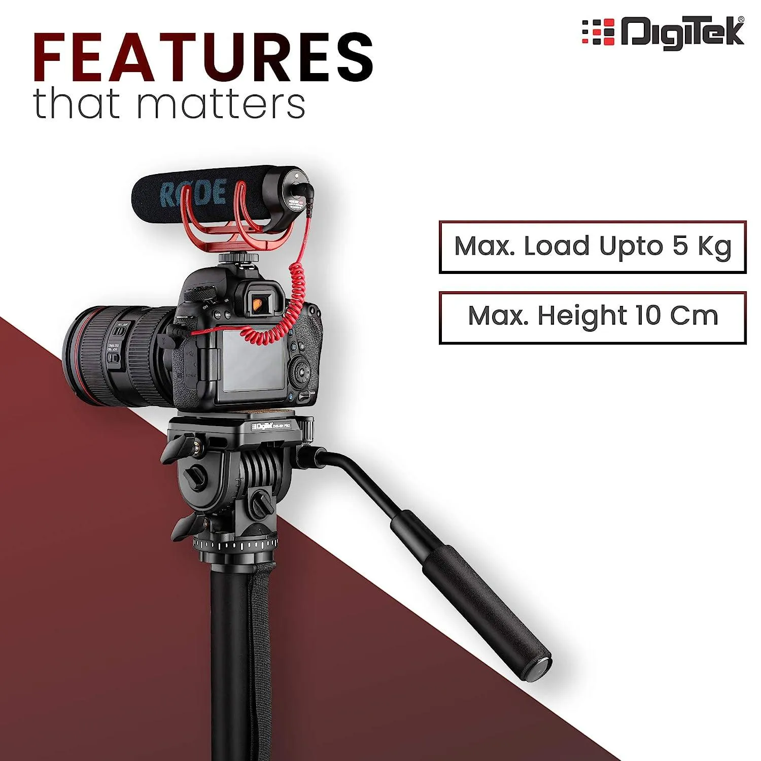 Digitek (DVH-001PRO) Video Fluid Head | Lightweight with Flat Base | Supports Multiple Tripods & Monopods (Load Capacity-5 Kgs)