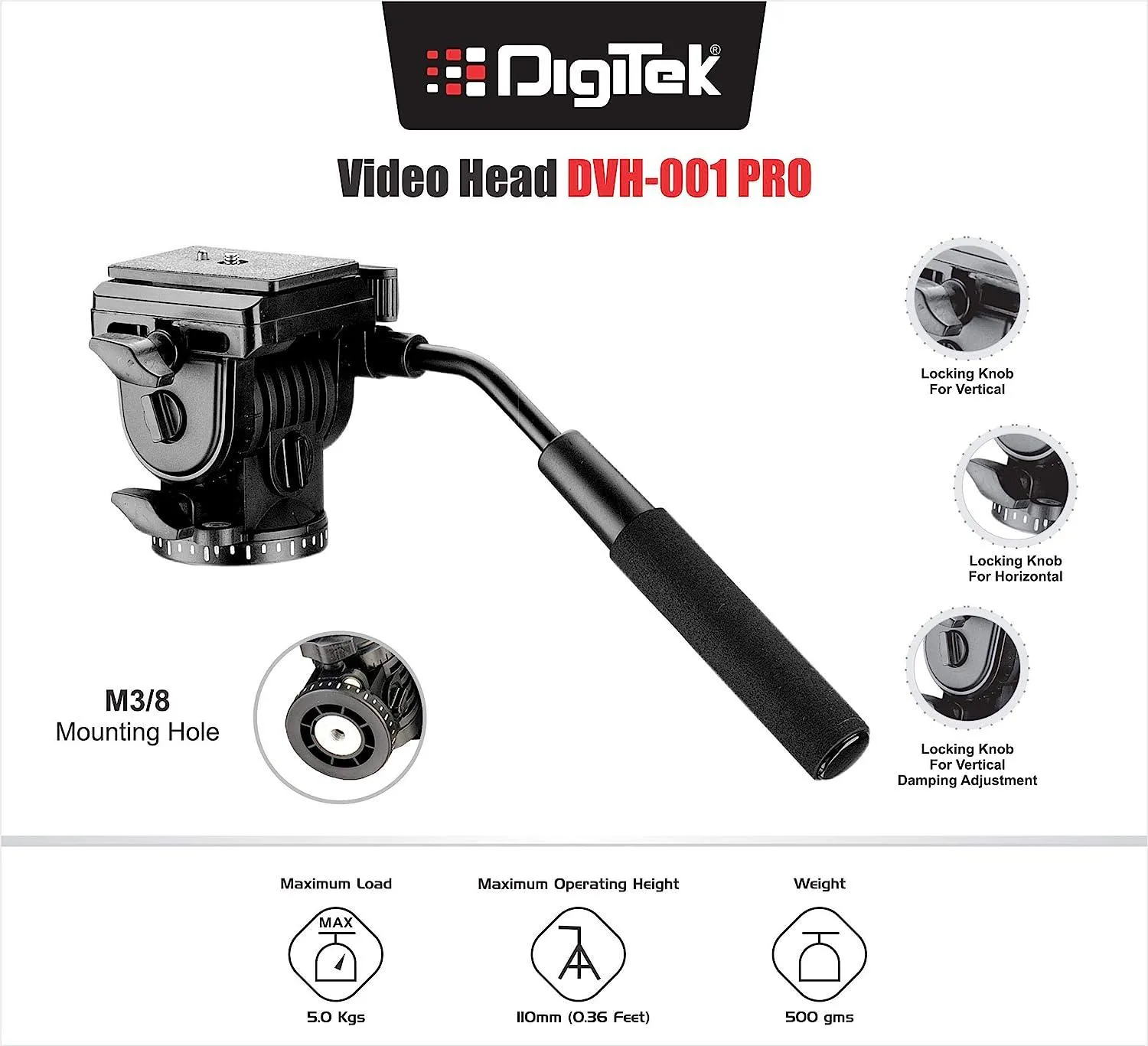 Digitek (DVH-001PRO) Video Fluid Head | Lightweight with Flat Base | Supports Multiple Tripods & Monopods (Load Capacity-5 Kgs)