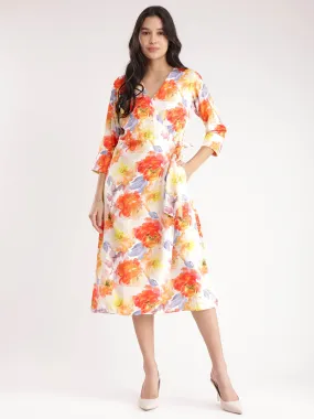 Floral Wrap Dress - Orange And Yellow