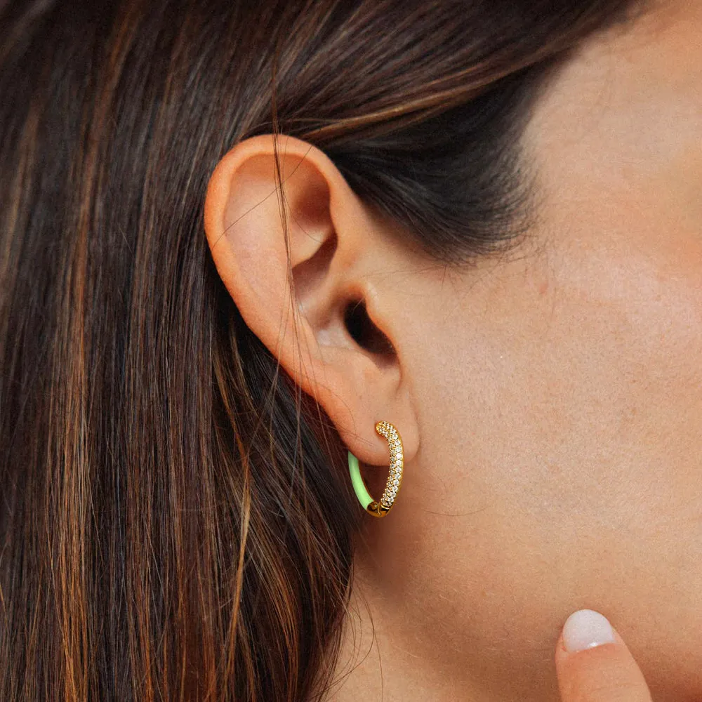 Green Enamel Heart Huggie Hoop Earrings