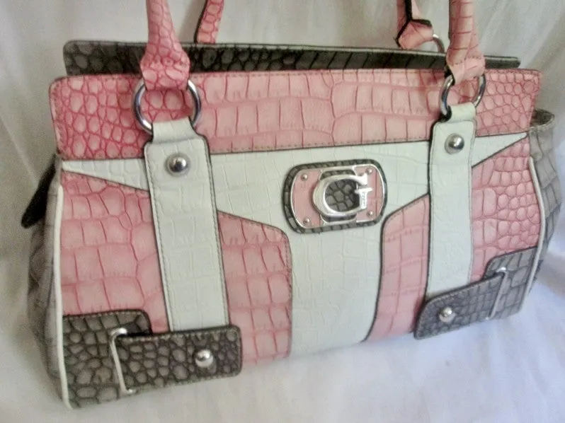 GUESS JACEY Vegan Faux Leather TOTE Bag Shoulder Bag Carryall PINK GRAY Croc Satchel