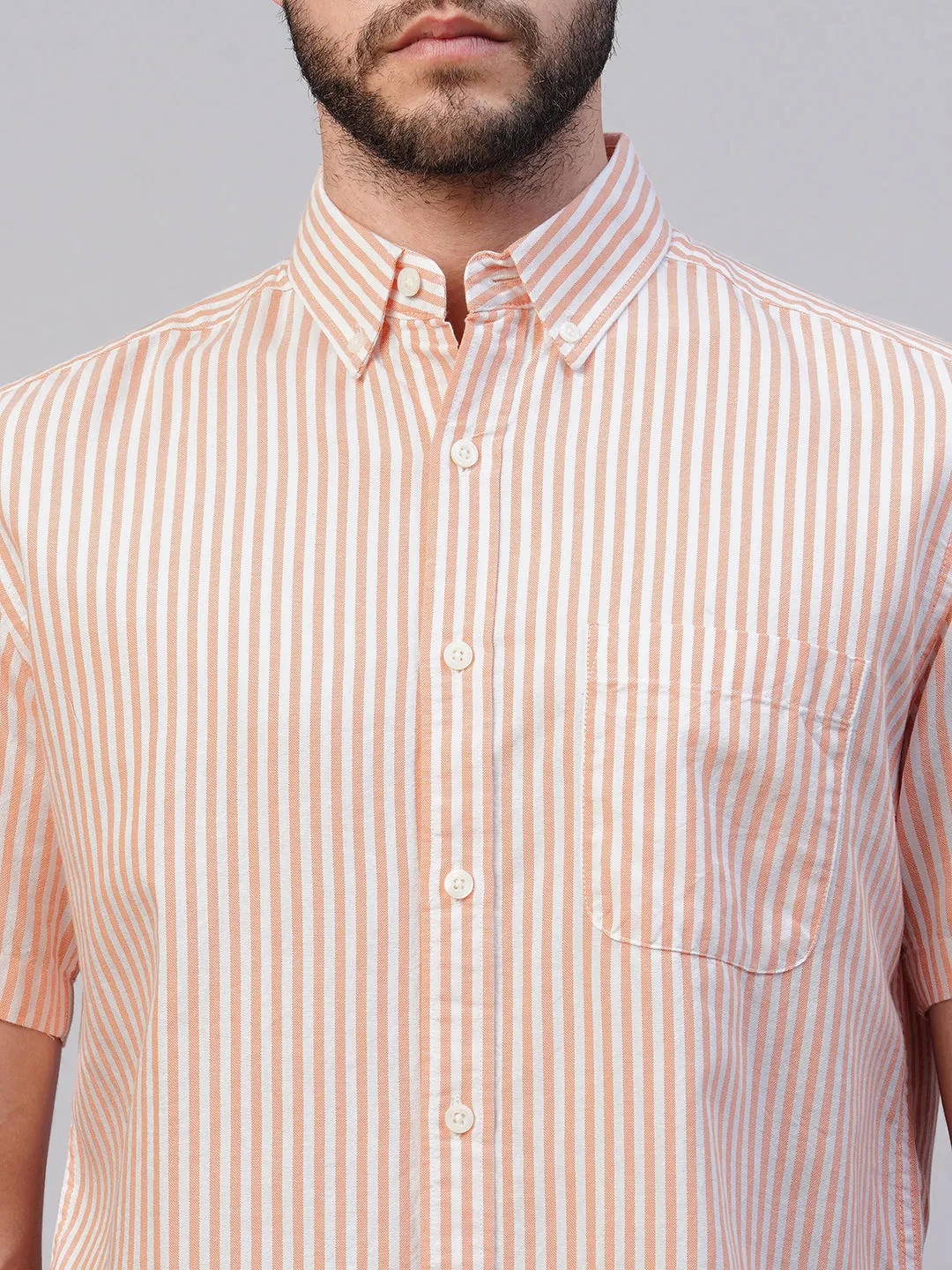 Men's Orange Oxford Cotton Striped Regular Fit Short Sleeved Shirt