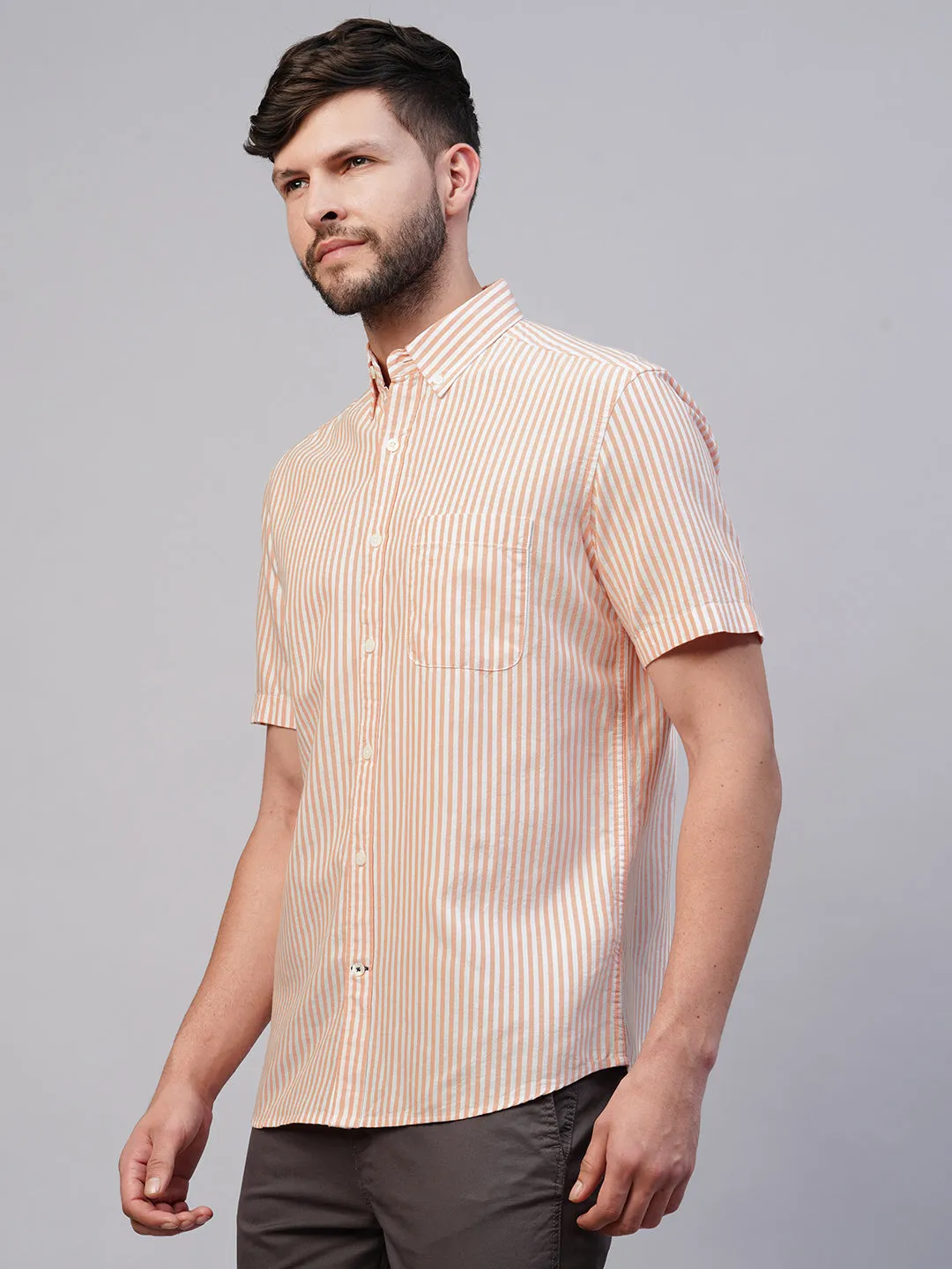 Men's Orange Oxford Cotton Striped Regular Fit Short Sleeved Shirt