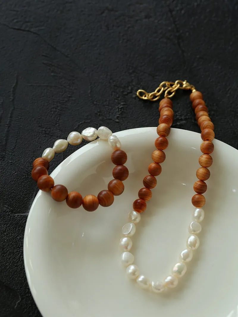 Primeval Forest Nature's Wood Bead Pearl Necklace