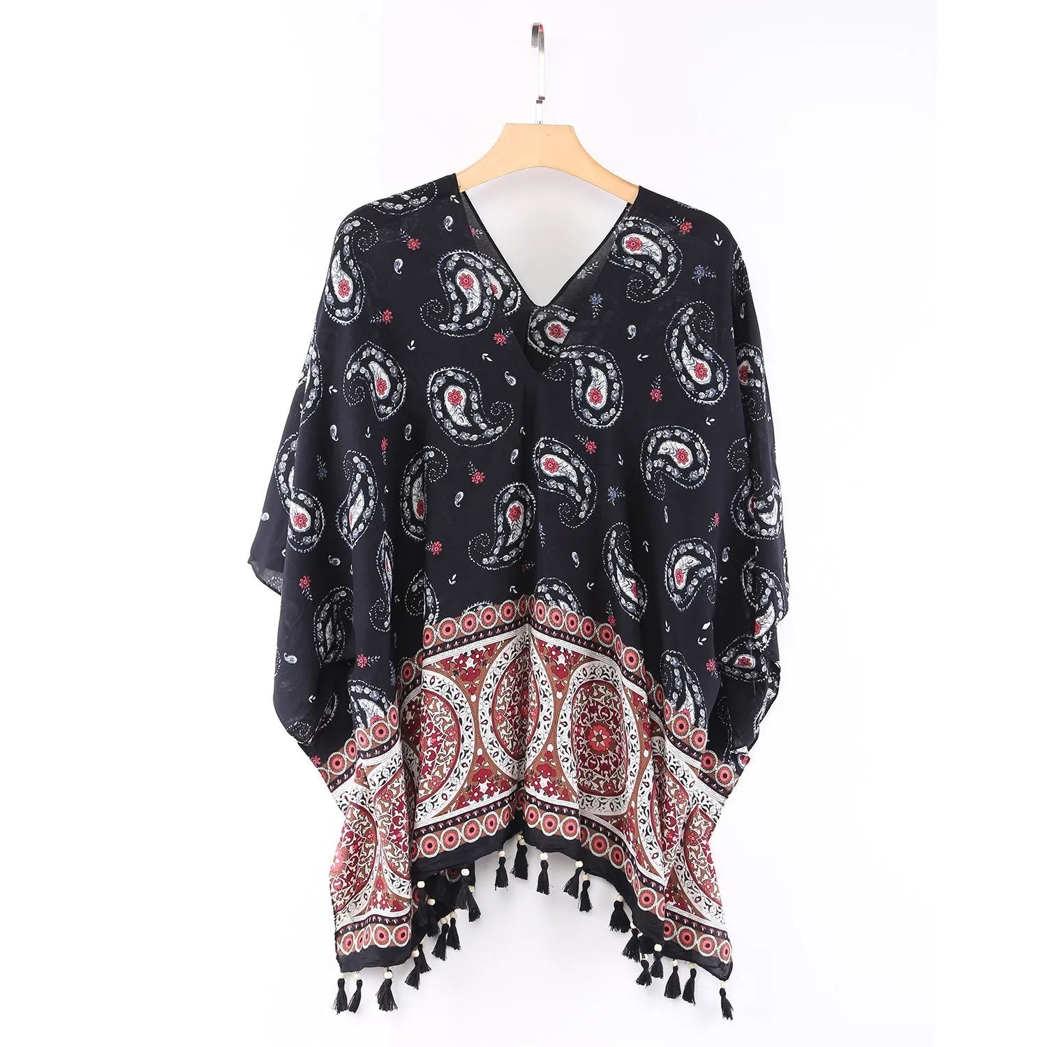 Women's Sheer Poncho Cape Black and Red Paisley Print CAR005