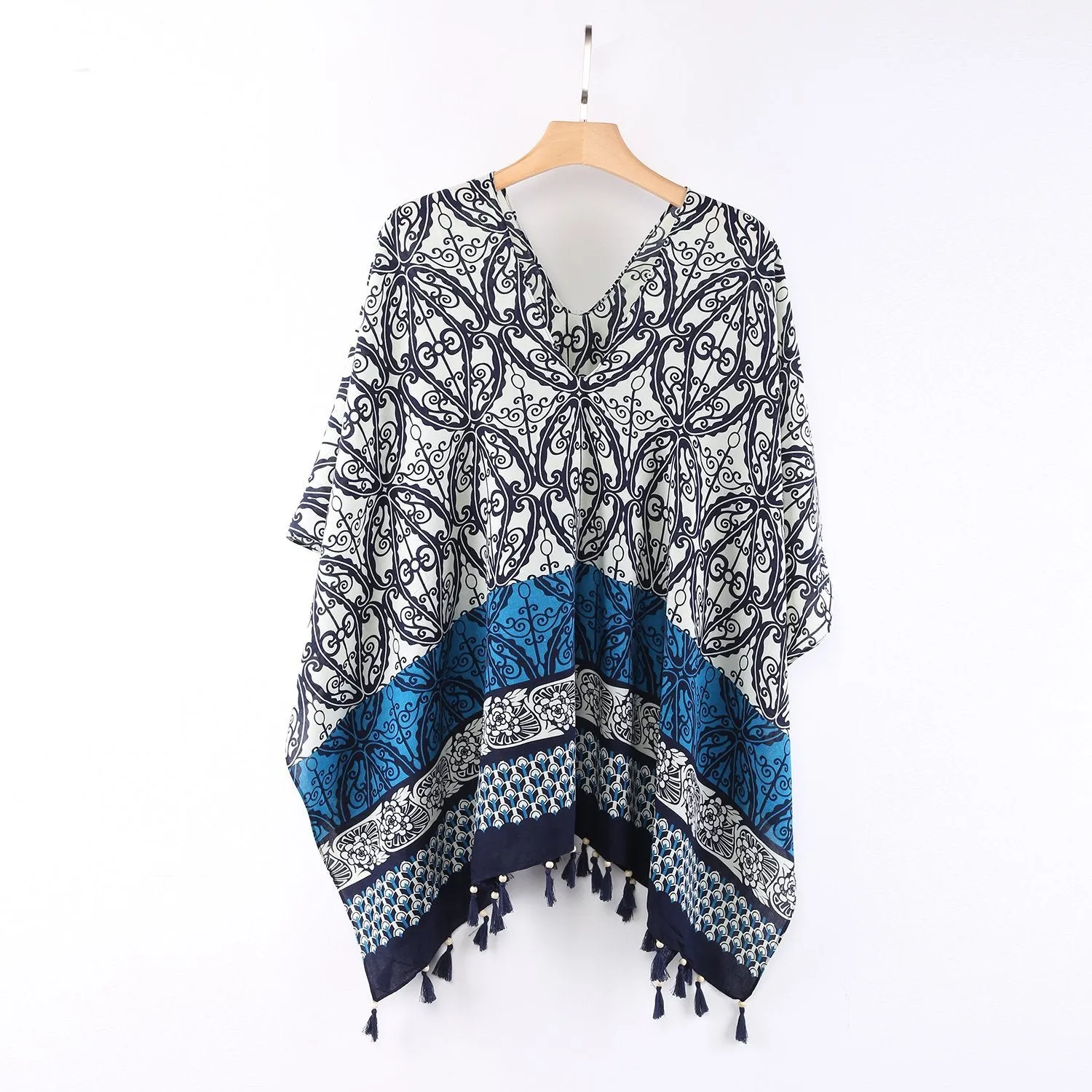 Women's Sheer Poncho Cape Black and White Geometric Print CAR008