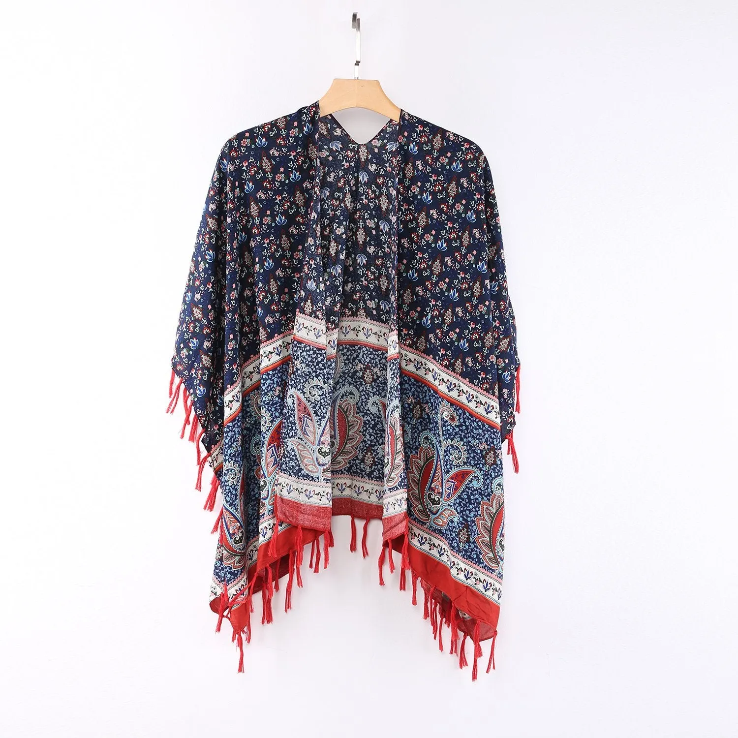 Women's Sheer Poncho Cape Navy and Red Paisley Print CAR009